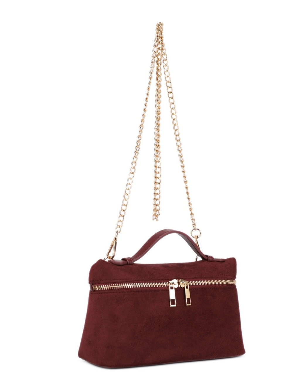 Elegant Burgundy Suede Top-Handle Crossbody Bag with Gold Chain